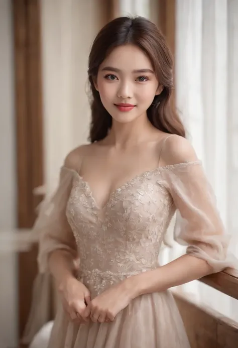 ((Best quality, 8k, Masterpiece :1.3)), 1 ASIAN girl, smiling, full body, slim face, Pretty woman, (Dark brown hair), full length dress :1.1, Ultra-detailed face, Detailed eyes, Double eyelid, blur background, slim face, IN BEDROOM