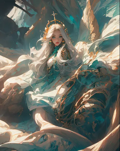 Sea goddess, queen of heaven, silver hair, sea green eyes