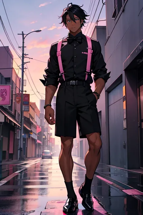 Dark Skin man, Purple Eyes, Black Hair, Anime Style, 4k Image, Full Body, Bar Outfit, Pink Button Up Shirt, Black Bow Tie, leg harness, Black Bermuda Shorts, Black High knee loafers, Earring, City Under A Pink Sky Background