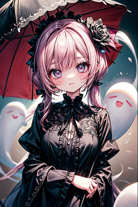 masterpiece, best quality, high quality, ultra detailed, ghost princess, ghost and sakura aura, holding a cute umbrella, black p...