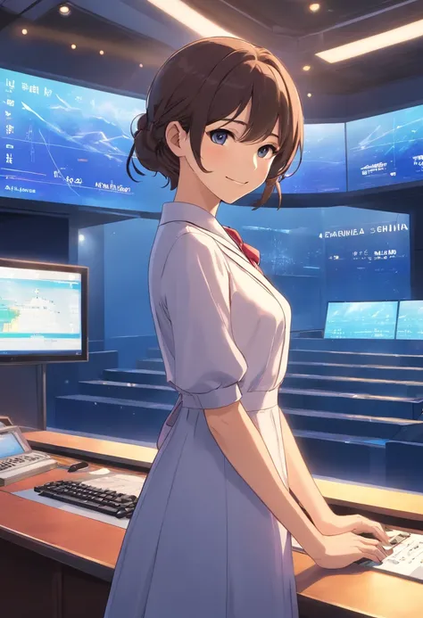 an anchor，wearing a formal dress，Standing elegantly in front of a broadcast booth。With a friendly smile on his face，Preparing to announce the weather forecast to the audience。Behind is a big screen