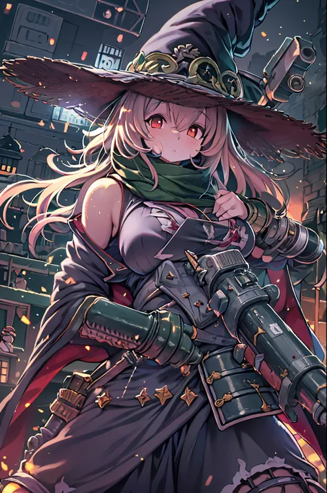 masutepiece、(Very detailed 8k wallpaper), Medium shot of Loline Necromancer, particle lighting, high detailing, Dramatic, Gatling gun in hand, clean back ground, Wearing a wizards hat, Top weapon in the background removed、huge-breasted