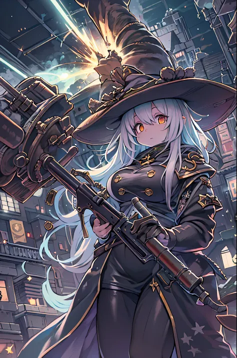 masutepiece、(Very detailed 8k wallpaper), Medium shot of Loline Necromancer, particle lighting, high detailing, Dramatic, Gatling gun in hand, clean back ground, Wearing a wizards hat, Top weapon in the background removed、huge-breasted