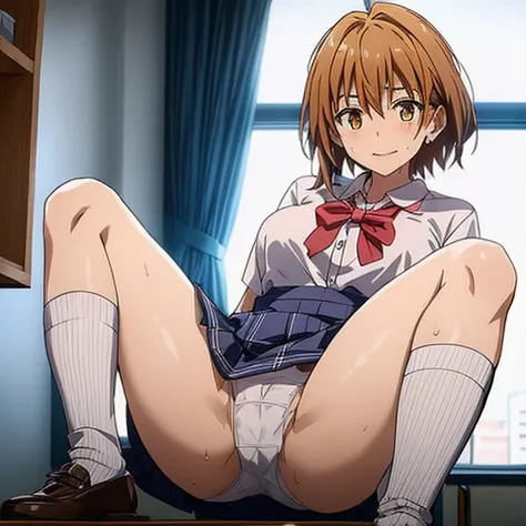 blushed、（Female 1、Japan school uniform、panty shot、White panties that cut into your thighs、checked skirt、Closed legs、Black socks）、Standing、s ass、vaginal、Angle from below、short-hair、full body Esbian、feminine breasts、ligh brown hair、(masutepiece, Best Quality...