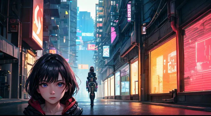 Girls in cyberpunk city， 1girl --s1000，Wandering Earth，future girls，Perfect eyes，eyeslashes，Textured skin，extreme light，laser，Technological equipment，Faraway view，Large panoramic ultra-high definition 8K perfect light effect，with light glowing