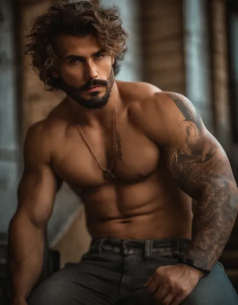 A photorealistic portrait of a insanely handsome man, no shirts, very strong, messy hair, chiseled and extremely tattooed sitting on a step next to a big fierce dog, a large door as the background, a colorized photo by Jesse Richards, instagram contest win...