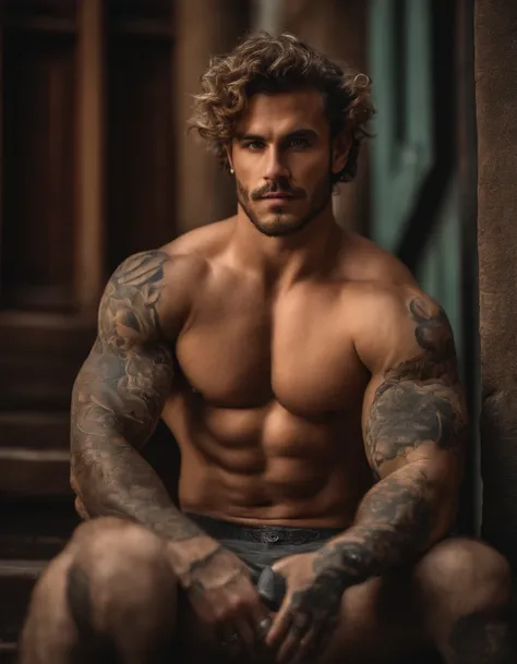 A photorealistic portrait of a insanely handsome man, no shirts, very strong, messy hair, chiseled and extremely tattooed sitting on a step next to a big fierce dog, a large door as the background, a colorized photo by Jesse Richards, instagram contest win...