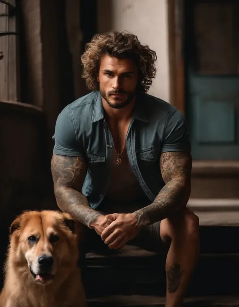 A photorealistic portrait of a insanely handsome man, no shirts, very strong, messy hair, chiseled and extremely tattooed sitting on a step next to a big fierce dog, a large door as the background, a colorized photo by Jesse Richards, instagram contest win...