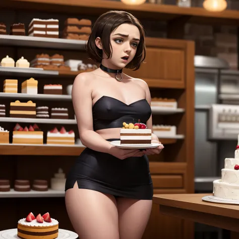 Maisie Williams, two girls, wearing short black miniskirt, wearing black tube top, wearing choker collar, black lipstick, black eyeliner, black hair, small breasts, in a bakery, realistic, masterpiece quality, studio lighting, surrounded by cake, cakes eve...