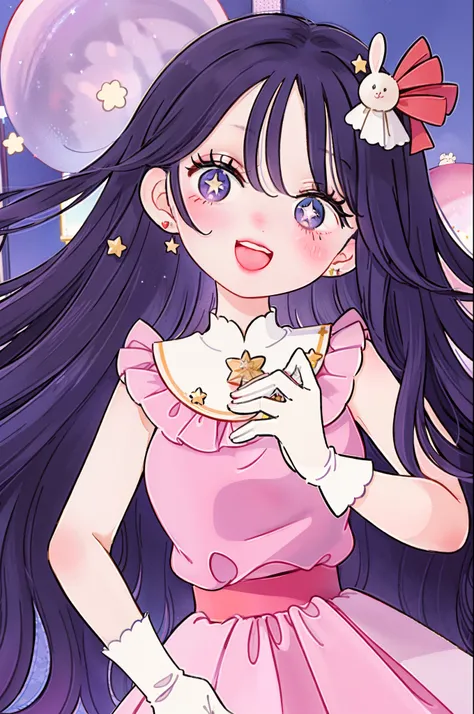 Ai Hoshino, Ai Hoshino, hair between eye, Hair Ornament, Hair Ribbon, Long hair, One side up, (Purple eyes:1.1), Purple hair, rabbit hair ornament, (star-shaped pupils:1.5), symbol-shaped pupils,Brake belt, Black belt, brooches, Dress, Pink dress, frilly d...