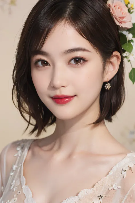 115
(a 20 yo woman,is standing), (A hyper-realistic), (high-level image quality), ((beautiful hairstyle 46)), ((short-hair)), (Gentle smile), (breasted:1.1), (lipsticks), (florals)