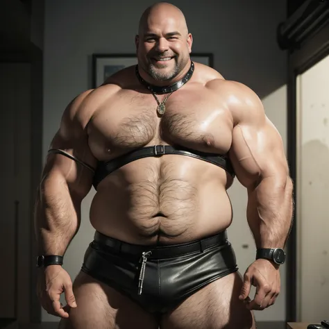 Portrait wearing only a leather strap over the entire body, cute white people, short-hair, thick arm muscles, thick leg muscles, bbw, strong, Fat middle-aged man with a bright smile, FULL BODYSHOT, Lots of BDSM gear, leather collar, medium hair shaved side...