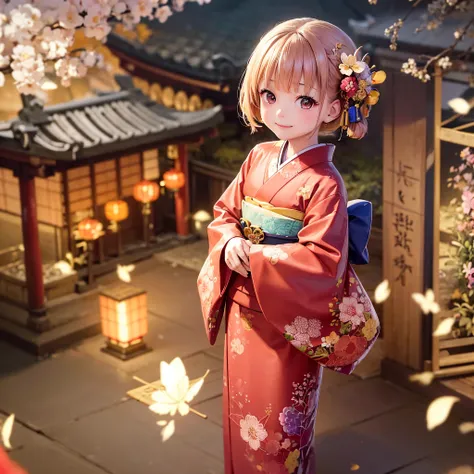 photoRealstic、Japan shrine in the background、３Year old girl、Wearing a kimono to celebrate Shichi-Go-San、Traditional events of Japan、Smile, kawaii pose 、 ultradetailed eyes、Full Paint、Floral hair ornament、butterfly hair ornament、on my right hand, I have a b...