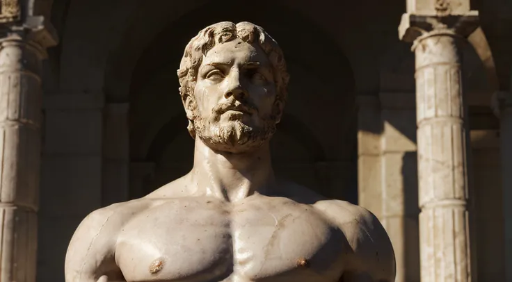 Greek white marble statue, with his serene and stubborn expression standing out in the gloom, simbolizando su terquedad ante las sombras de la vida, mostrando sus biceps, mirada dominante y sabia hacia al frente, Marco Aurelio STYLE, cinematics, realista, ...