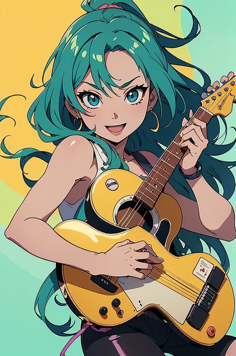 (La mejor calidad,4k,8k,Altas Resoluciones,Obra maestra:1.2),Ultra detallado,realista,Anime style,sombreado de anime,vivid colors,chica tocando la guitarra,hermosos ojos detallados,cuerdas de guitarra,cabello suelto,traje de anime,dynamic  pose,Antecedente...