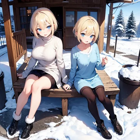 2D Anime Style、Blue eyes、Adults、breasts are slightly larger、Blonde Shorthair、Cool and beautiful woman、Im embarrassed、full body Esbian、Winter outdoor、Knitted clothing