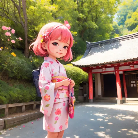 photoRealstic、Japan shrine in the background、３Year old girl、Wearing a kimono to celebrate Shichi-Go-San、Traditional events of Japan、Smile, kawaii pose 、 ultradetailed eyes、Full Paint、Floral hair ornament、butterfly hair ornament、on my right hand, I have a b...