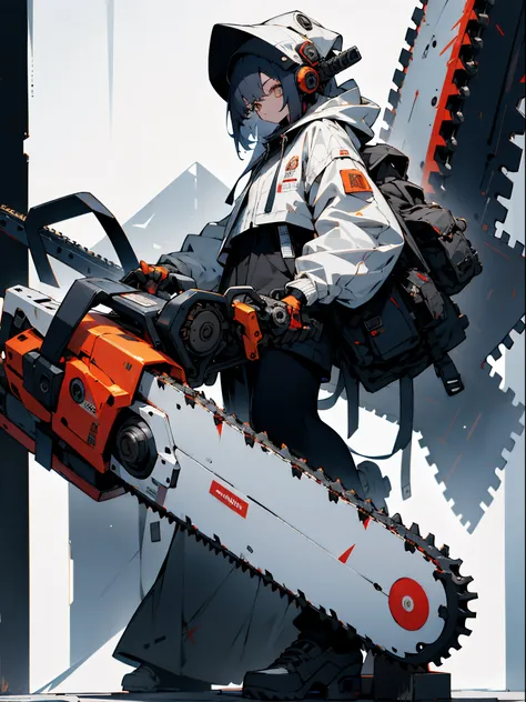 absurdres, highres, ultra detailed,
1girl,oversized hooded jacket,full body,
holding mechanical chainsaw,