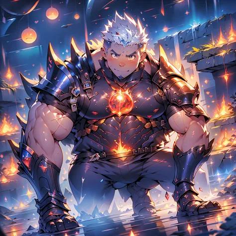 muscular mature male kawaii moe anime, heavy metalic armored slayer, fireball magic lava world