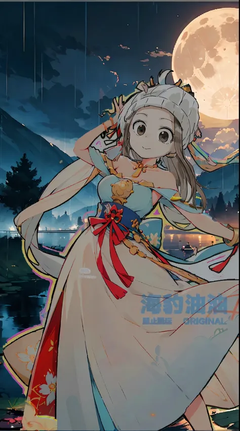 Anime girl in white dress standing in the pond，The background is the full moon, An anime cover, Official artwork, 宮 ， A girl in Hanfu, offcial art, 《the original god》Keqing in, Middle Metaverse, Highly detailed official artwork, G Liulian art style, Offici...