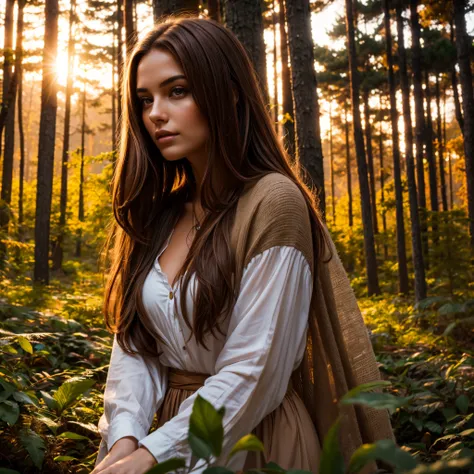 Beautiful mystical woman with brown hair, in a beautiful forest enjoying the sunset