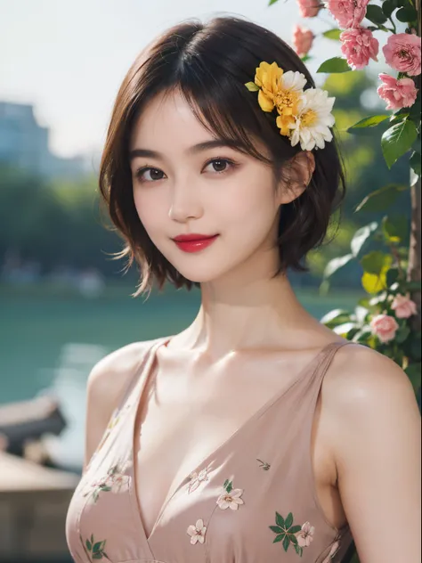 115
(a 20 yo woman,is standing), (A hyper-realistic), (high-level image quality), ((beautiful hairstyle 46)), ((short-hair)), (Gentle smile), (breasted:1.1), (lipsticks), (florals)