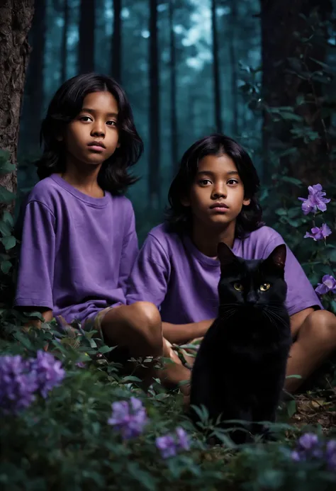 close-up view: two boys, light brown skin color, black straight long hair, sitting in the night forest in a clearing with purple flowers, one black cat sits next to them