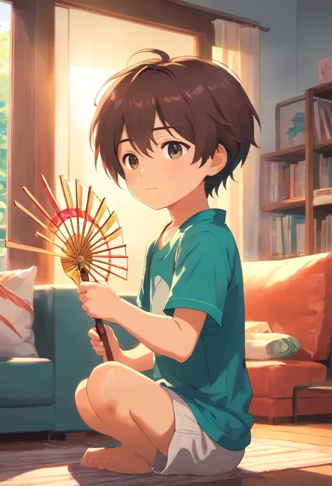 a sun-filled living room。There is a comfortable sofa in the background of the picture, and a cute little boy in the center of the picture.，He is wearing short-sleeved clothes，Beads of sweat on his head。He is holding a fan in his hand，is fanning vigorously，...