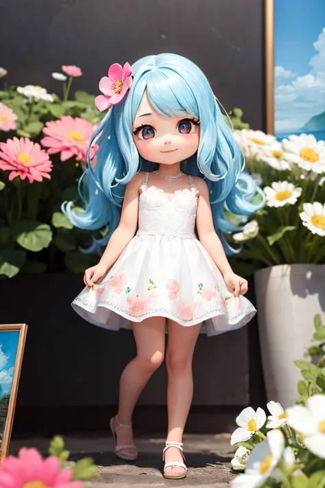 photoRealstic、Nendroids in wedding dress standing in front of the painting、A smile、watercolor Nendoroid、(High Definition Figure)、Flowing iridescent silk、up of face、Eye Up、Colorcon with heart pattern、Floral dress、There are also flowers in front of the nendr...