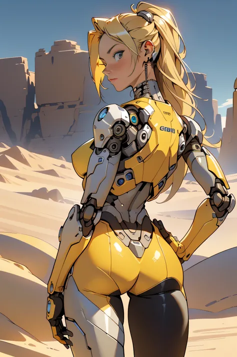 high quality, 4k, masterpiece, beautiful, cyborg girl, cowboy shot, dull eyes, back side, turning around to look at viewer, long blonde hair, girl, small breasts, fit thigh, robotic arms, robotic body, cyborg body, yellow accent, red accent, intricate deta...