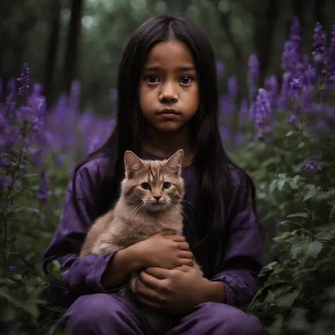 close-up view: a boy, light brown skin color, black straight long hair, long hair, straight hairsitting in the night forest in a clearing with purple flowers, holding a cat in his hands