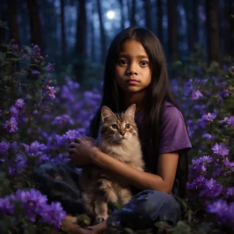 close-up view: a boy, light brown skin color, black straight long hair, long hair, straight hairsitting in the night forest in a clearing with purple flowers, holding a cat in his hands