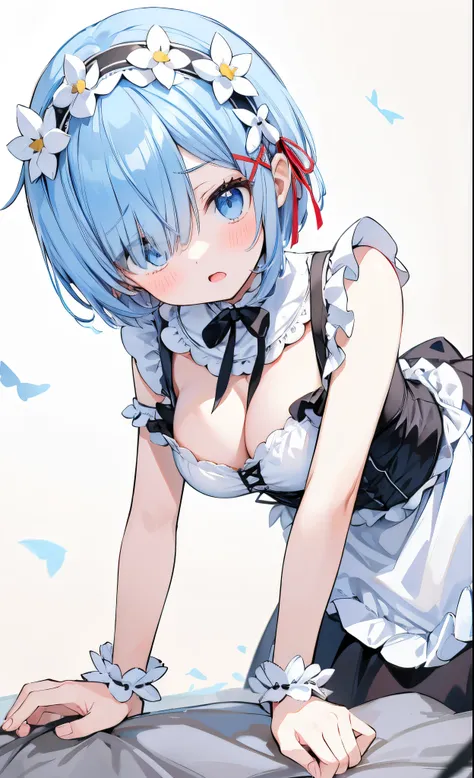 Light blue hair、Very short hair、Hair over one eye、Blunt bangs、blue eyess、Flower headband、Red ribbon hair ornament、French maid、Black corset、off shoulders、Black ruffled skirt、Black long skirt、White Apron、scowl、Open your mouth wide、tits out、cleavage of the br...