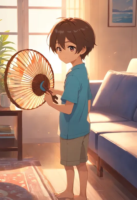 a sun-filled living room。There is a comfortable sofa in the background of the picture, and a cute little boy in the center of the picture.，He is wearing short-sleeved clothes，Beads of sweat on his head，Beads of sweat flowed down the chain，Dripping down。He ...