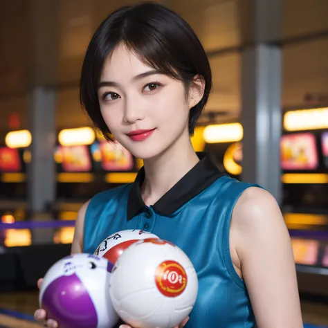 116
(a 20 yo woman,Playing bowling), (A hyper-realistic), (high-level image quality), ((beautiful hairstyle 46)), ((short-hair)), (Gentle smile), (brest:1.1), (lipsticks), (Bowling alley)