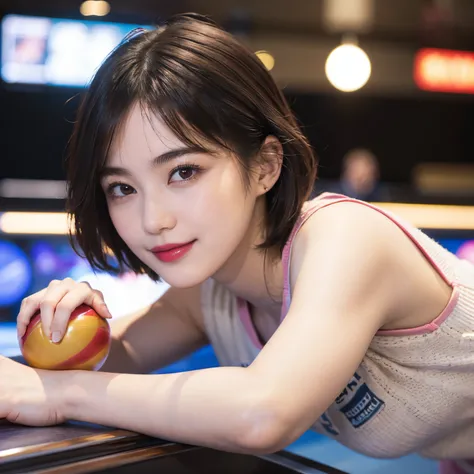 116
(a 20 yo woman,Playing bowling), (A hyper-realistic), (high-level image quality), ((beautiful hairstyle 46)), ((short-hair)), (Gentle smile), (brest:1.1), (lipsticks), (Bowling alley)