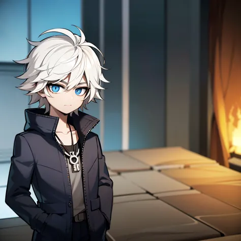 1young man, anime, anime HD, messy hair, white hair, tored face, dark circles under eyes, blue eyes, wearing blue puffer jacket, metal necklace, 4k, masterpiece, Anime best quality, cinematic quality