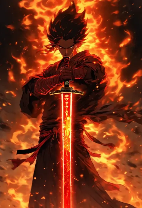 Soul Fire Katana Finds Its Mysterious Owner, A male figure is enveloped in ethereal flames，Reflecting the deep red etching on the blade. His mysterious existence hints at a close connection to the forces of hell. when he wields his katana, A blazing shadow...