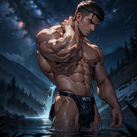 Muscular boy flexing in front of a dynamic dark low light starry sky in a lake naked dripping with sweat sweating and  and abs , magic particles in air