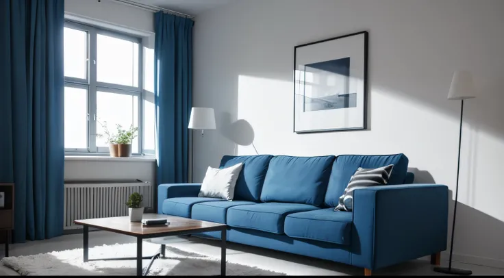 Blue sofa against concrete wall. Scandinavian loft home interior design of modern living room in minimalist studio apartment.