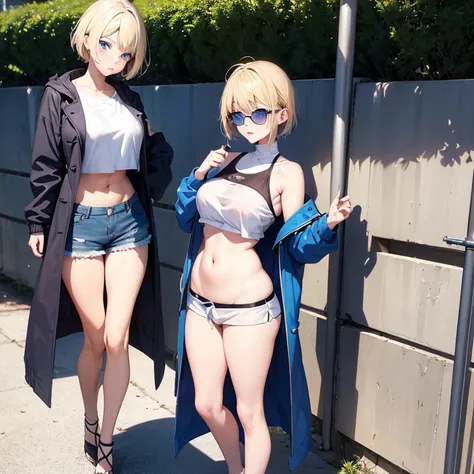 2D Anime Style、Blue eyes、Adults、breasts are slightly larger、Cool and beautiful woman with blond short hair、Im embarrassed、full body Esbian、Winter outdoor、She wears a short, I&#39;m also wearing sunglasses、Tops that show off her stomach, and long coat.