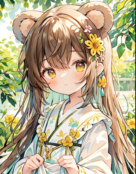 1girl in, Elegant floral dress, absurderes, hight resolution, (Anime style:1.1), ((masutepiece)), ((Best Quality)), (Ultra-detailed), (Beautiful),Beautiful face、(liftup),Cute little girl s、(((Bear ears)))((Stuffy look、))heart mark、honey、light brown hair、Ye...