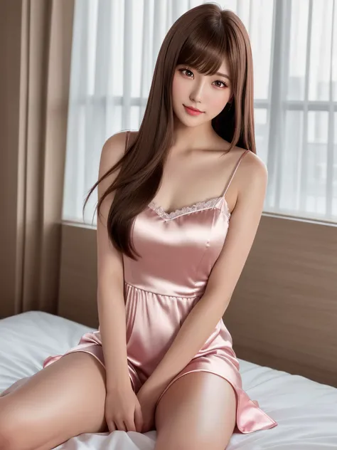 product quality, 1 girl per 1 photo, full body shot, front view, a Japanese young pretty girl, long bob hair, sitting alone on a silk bed in front of a beautiful night view with a big smile in a room of a luxury hotel in the night, wet body, beautiful nigh...