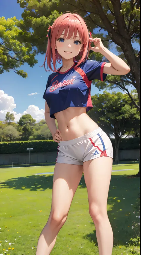 nino nakano riendo,pose sexy,ropa deportiva,sudor,field with trees