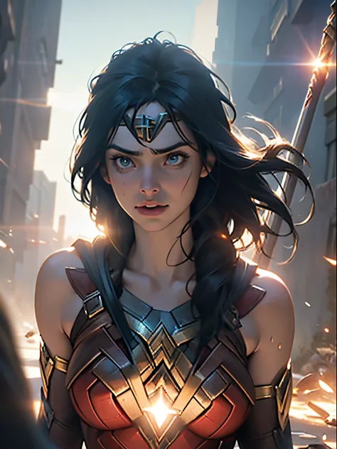 Cinematic scenes, direct current&#39;Wonder Woman Close-up, Distorted space, Twisted undead creatures in the background, lens flare glow, axes, Complicated details, high detal, Volumetriclighting, 4k rendering, pic, hyper realisitc, The texture is real, dr...