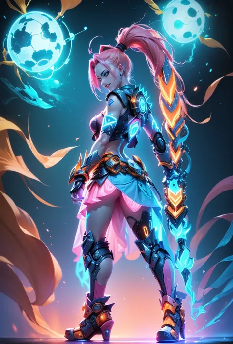 Jinx1024, Game character design，3D character rendering，(((Vector illustration style)))，League of Legends Jinx，((1girl，(Blue double ponytail: 1.5)，Blue braids，Red eyes，big laughter，future warrior，(Pink mechanical skirt: 1.3)，(A luminous magazine is tied aro...