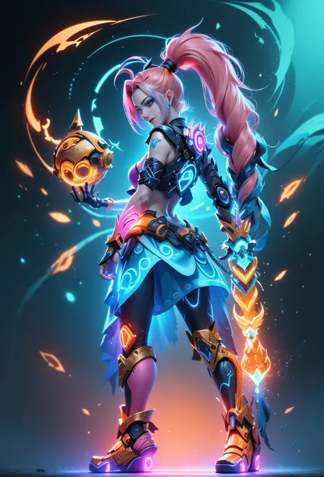 Jinx1024, Game character design，3D character rendering，(((Vector illustration style)))，League of Legends Jinx，((1girl，(Blue double ponytail: 1.5)，Blue braids，Red eyes，big laughter，future warrior，(Pink mechanical skirt: 1.3)，(A luminous magazine is tied aro...