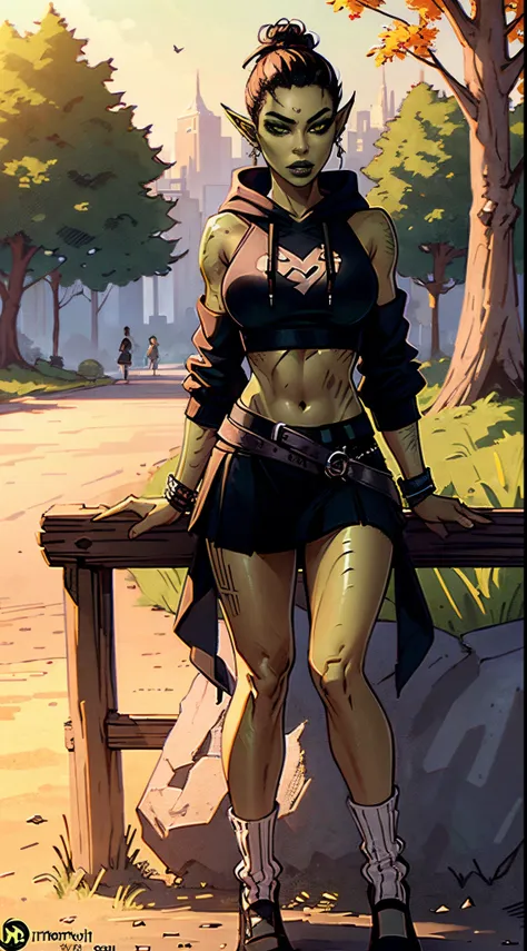 1girl, sexy githyanki, (green skin:1.4), black short hair bun, orange eyes, pointy ears, navel, midriff, (black crop hoodie:1.2), (black plain skirt:1.2), (black-and-white striped high socks:1.2), shoes on platform, belt, pouch, medium breasts, athletic, p...