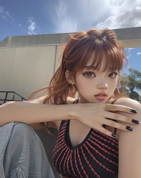 Mujer arafed con una colorida manicura sentada en una repisa, Lalisa Manobal, Lalisa Manoban de Blackpink, Bae Suzy, con flequillo, brown hair and bangs, Pokimane, Hermosa espina, Sun Yunjoo, con flequillo completo, auburn hair with bangs, Retrato de Jossi...