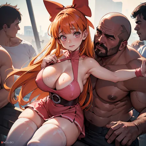 (Blossom:1.5), (Orange hair, Long hair, Blunt bangs, Pink eyes), naked woman, having sex, rude sex, open legs, open pussy, (Hair Bow, Red bow, Simple pink dress, belt, white thighhighs), (Realistic:1.2), (Masterpiece:1.2), (full body shot of:1), (Look down...